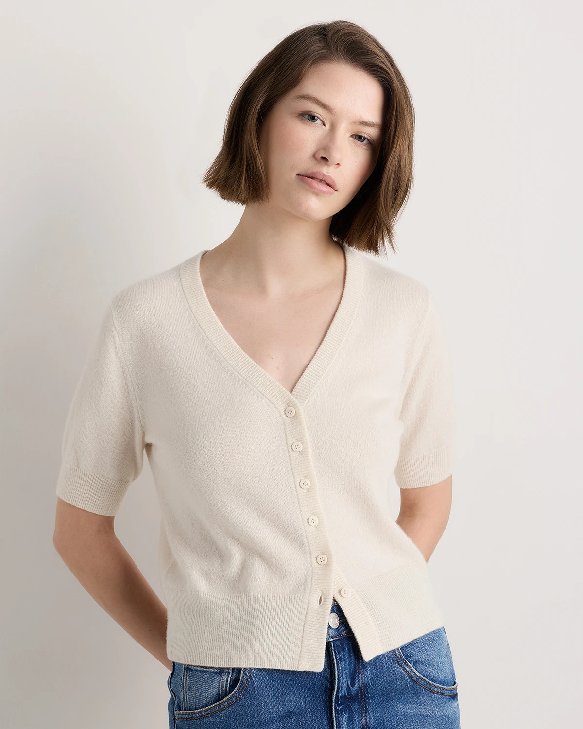 Quince | Women's Mongolian Cashmere Short Sleeve Cardigan Sweater in Ivory, Size Large | Quince