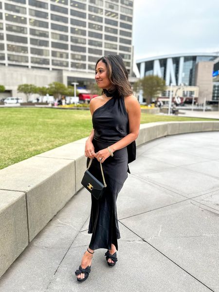 Gorgeous amazon silky black midi dress for a wedding or special occasion! The Loeffler Randall heels are so comfy too! Wearing size x-small. Amazon wedding guest dress idea, Amazon fashion outfit inspiration 

#LTKFindsUnder100 #LTKWedding #LTKStyleTip