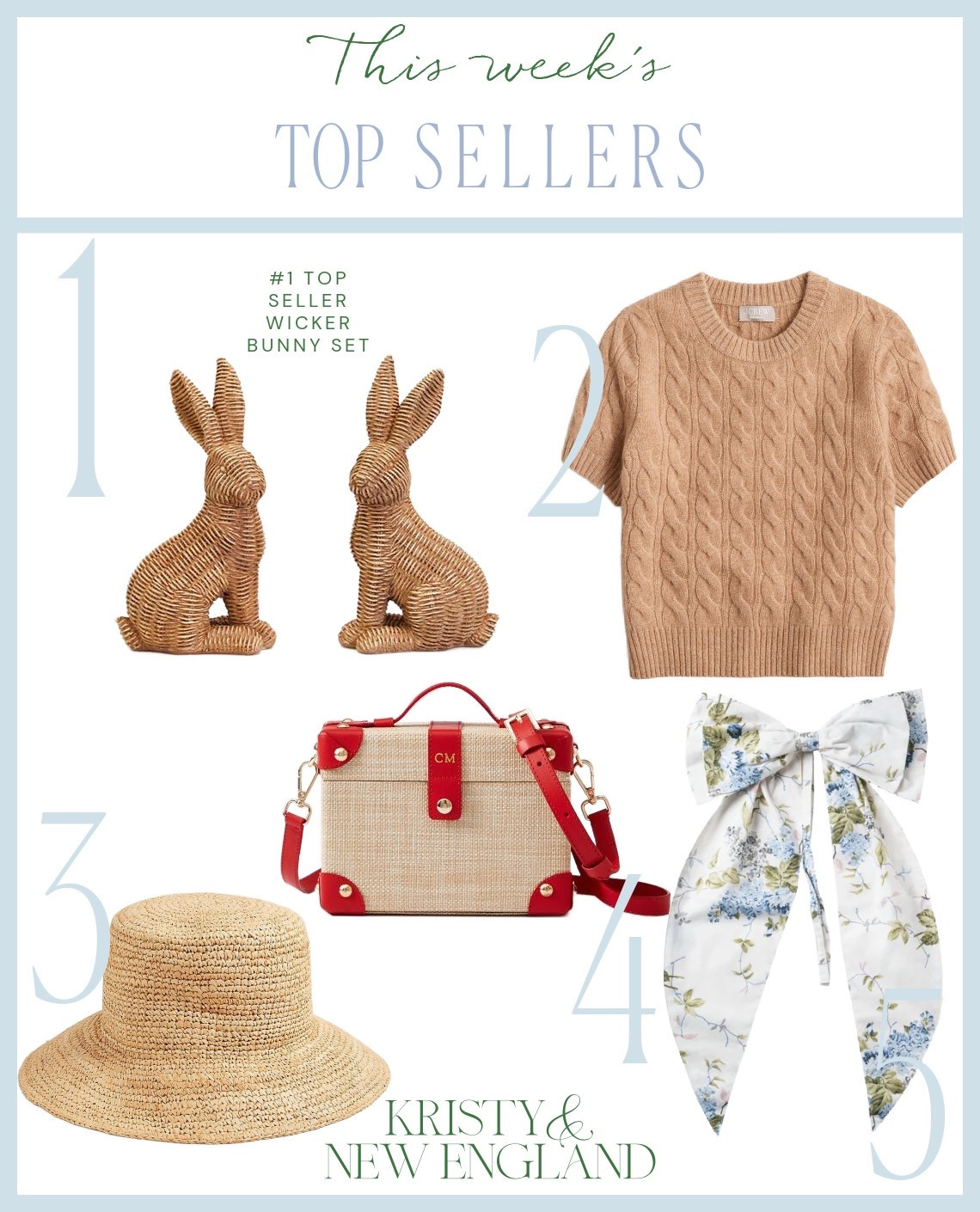 Top Sellers of the Week #1 Wicker Bunny Set #2 Cashmere Cable Knit Sweater  #3 Raffia Bucket Hat #4 Vintage Style Crossbody Bag #5 Easter Toile Wreath Bow

#LTKOver40 #LTKItBag #LTKHome