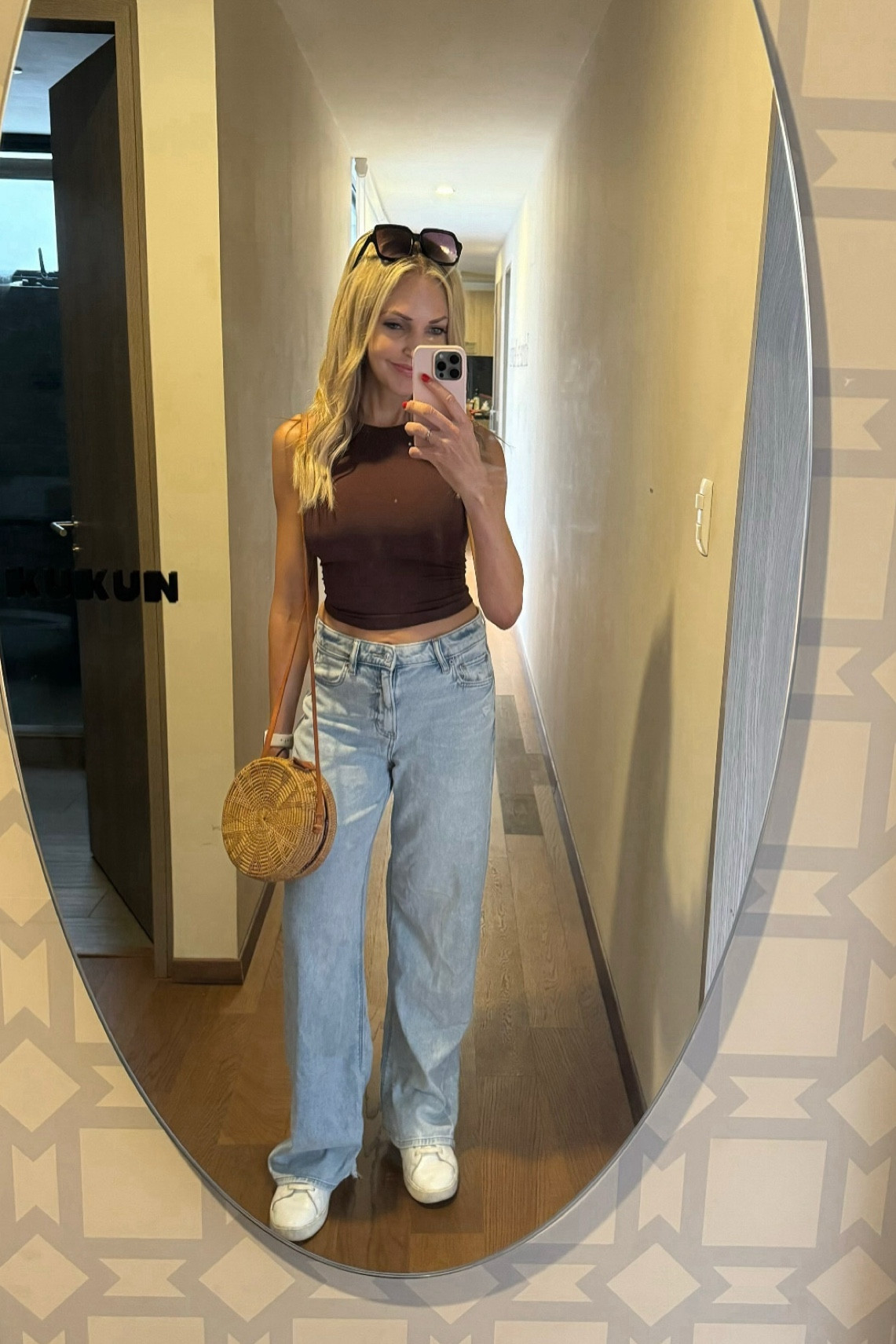Double lined brown crop top + baggy wide leg jeans 🤎👖 

These tops are so soft and supportive! No bra needed 

Wearing size 0 pants. Fits tts
Wearing size XS top. Fits tts