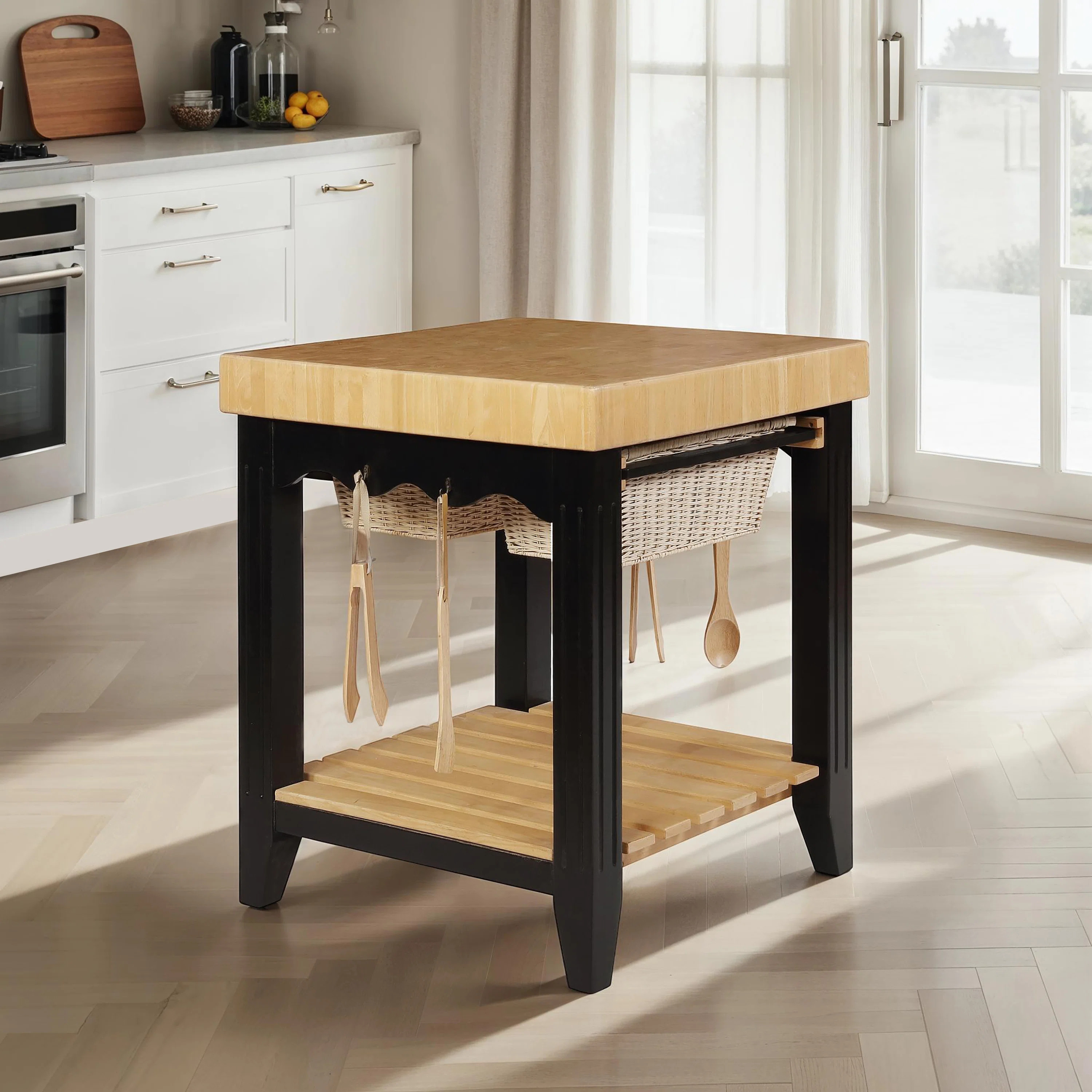 Behling Solid Butcher Block Kitchen Island with Baskets and Storage Shelf | Wayfair North America