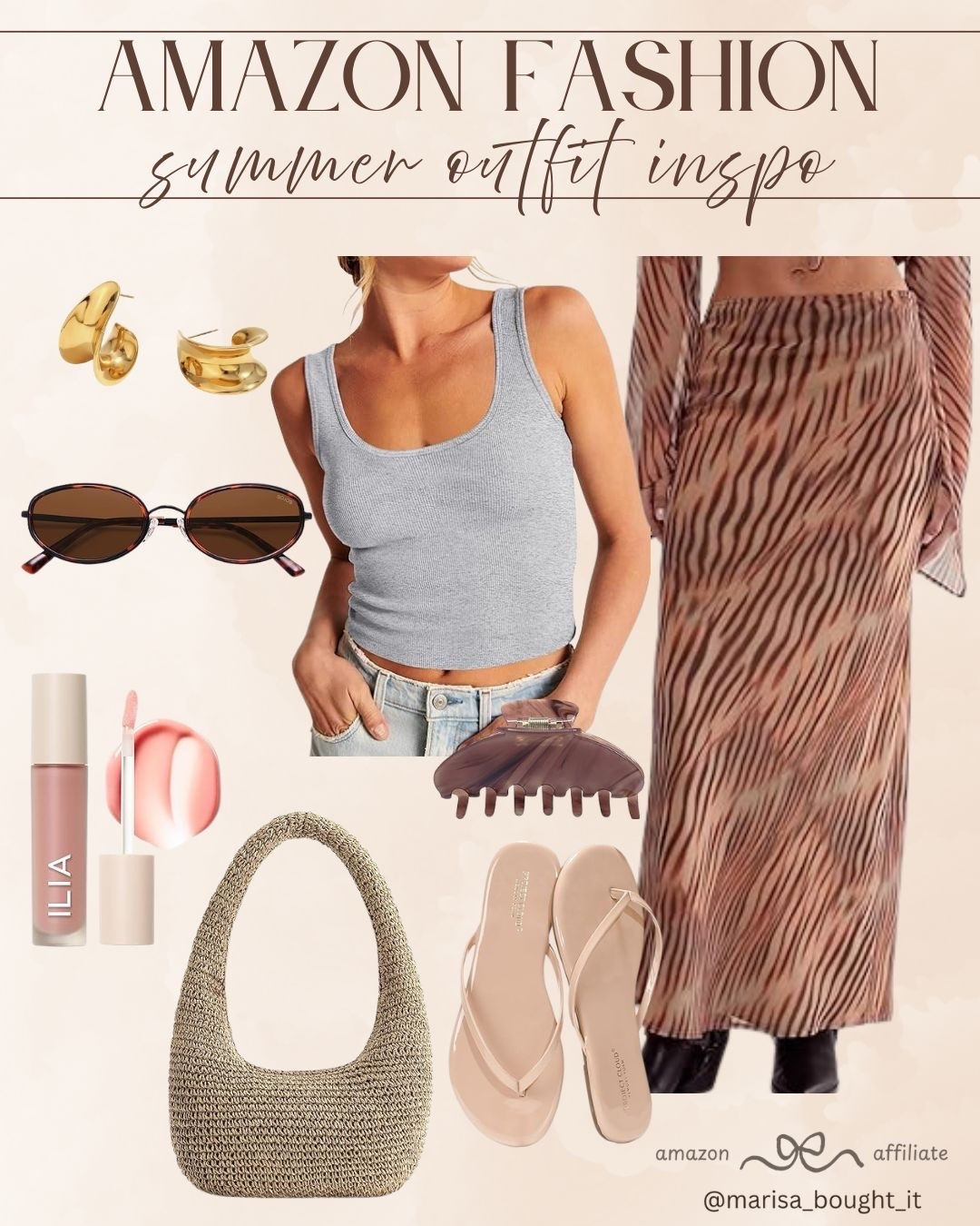 ✨ Elevated casual is my favorite summer aesthetic. I am loving this effortless chic outfit inspiration from Amazon that blends comfort with style. The grey ribbed tank top matches perfectly with a stunning, neutral printed maxi skirt.
I styled it with a textured woven shoulder bag, gold statement earrings, and neutral flip-flops for a laid-back look. These affordable pieces make it so simple to look put-together on warm days. 🪵👜☀️
#AmazonFashion #SummerOOTD #CasualStyle #MaxiSkirt #AmazonFinds #SummerInspo #EffortlessChic

#LTKootd #LTKSeasonal