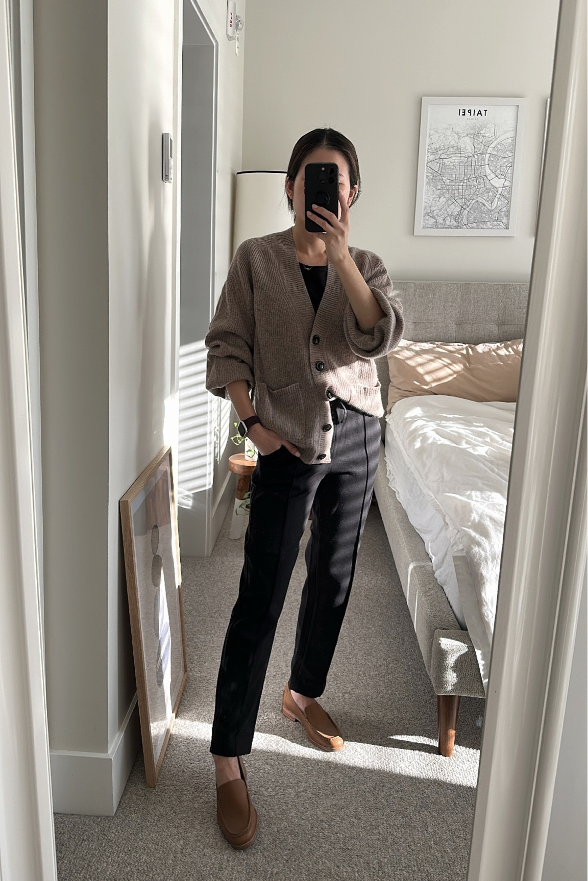 Cardi: old. Linked great finds. 
Pants: xs but wish waistband was looser. 
Loafers: tts