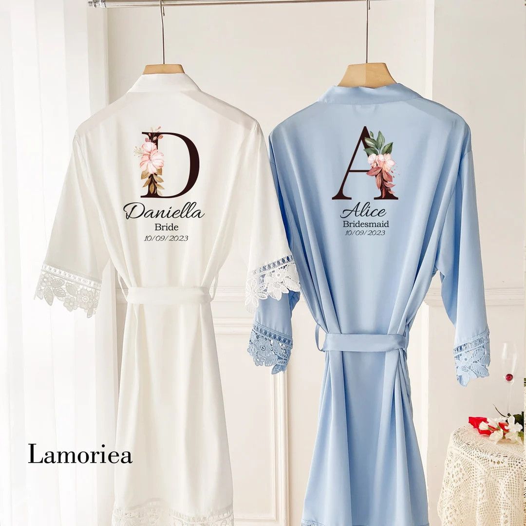 Personalised Bridesmaid Bride robe, Wedding Dressing Gown, floral Bridal robe, Floral Satin Wedding  | Etsy (US)