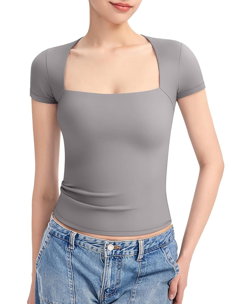 PUMIEY Women's Short Sleeve T Shirts Square Neck Going Out Tops Slim Fit Basic Tee Smoke Cloud Pr... | Amazon (US)