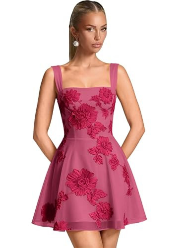 Eightale Tulle Floral Fuchsia Homecoming Dresses for Women Embroidery Lace Short HOCO Dress A-Line Mini Square Neck Wide Straps Prom Gown Size 12 | Amazon (US)