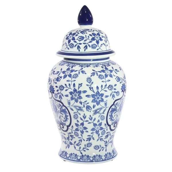 Sagebrook Home 13465-01 Ceramic Covered Temple Jar, Blue/White Ceramic, 9.5 X 9.5 X 18 Inches | Bed Bath & Beyond