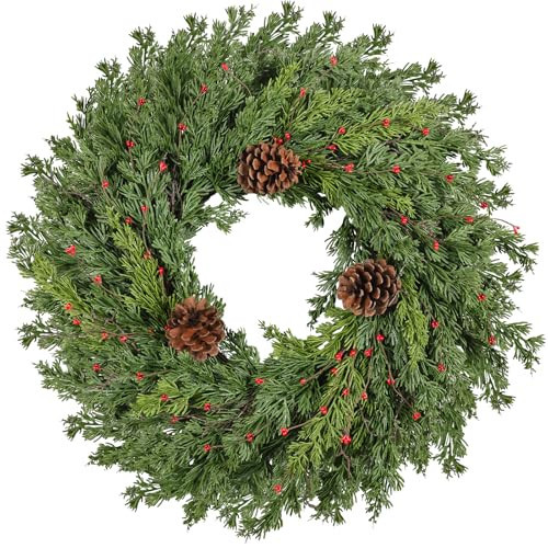 Real Touch Pine Christmas Wreath 24 Inch Christmas Wreaths for Front Door Winter Wreath Artificial Green Wreaths Outdoor Christmas Decorations Indoor Outside Window Home Holiday Thanksgiving | Amazon (US)