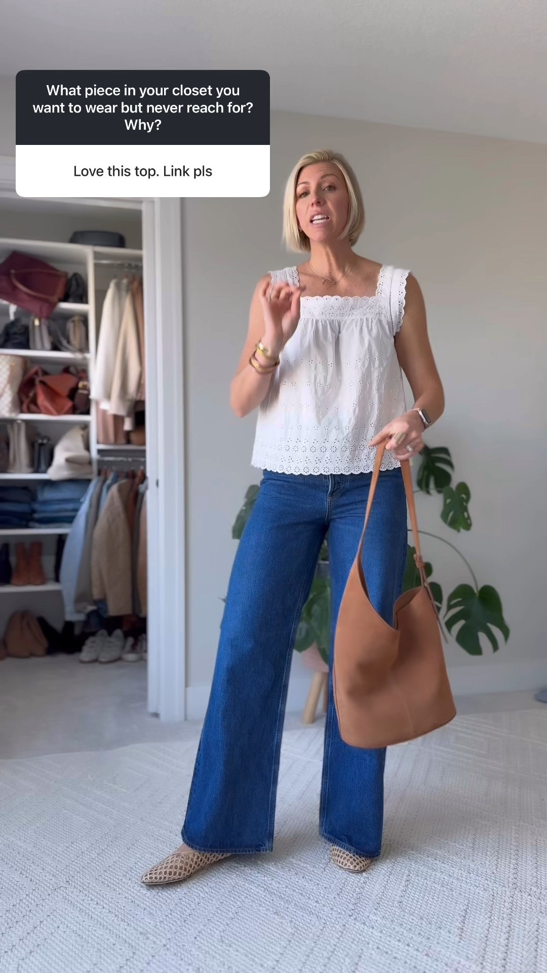 Elevated Summer denim look: cotton, eyelet, blouse, wide leg, jeans, Rafael, ballet flats, suede tote!

#LTKFindsUnder100 #LTKOver40 #LTKSummerEdit