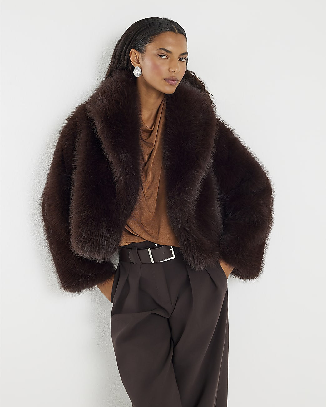 Brown Short Faux Fur Jacket | River Island UK & IE