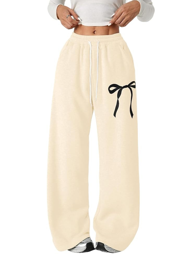 Verdusa Girl's Bowknot Baggy Sweatpants Lightweight Straight Leg Athletic Pants with Pockets | Amazon (US)