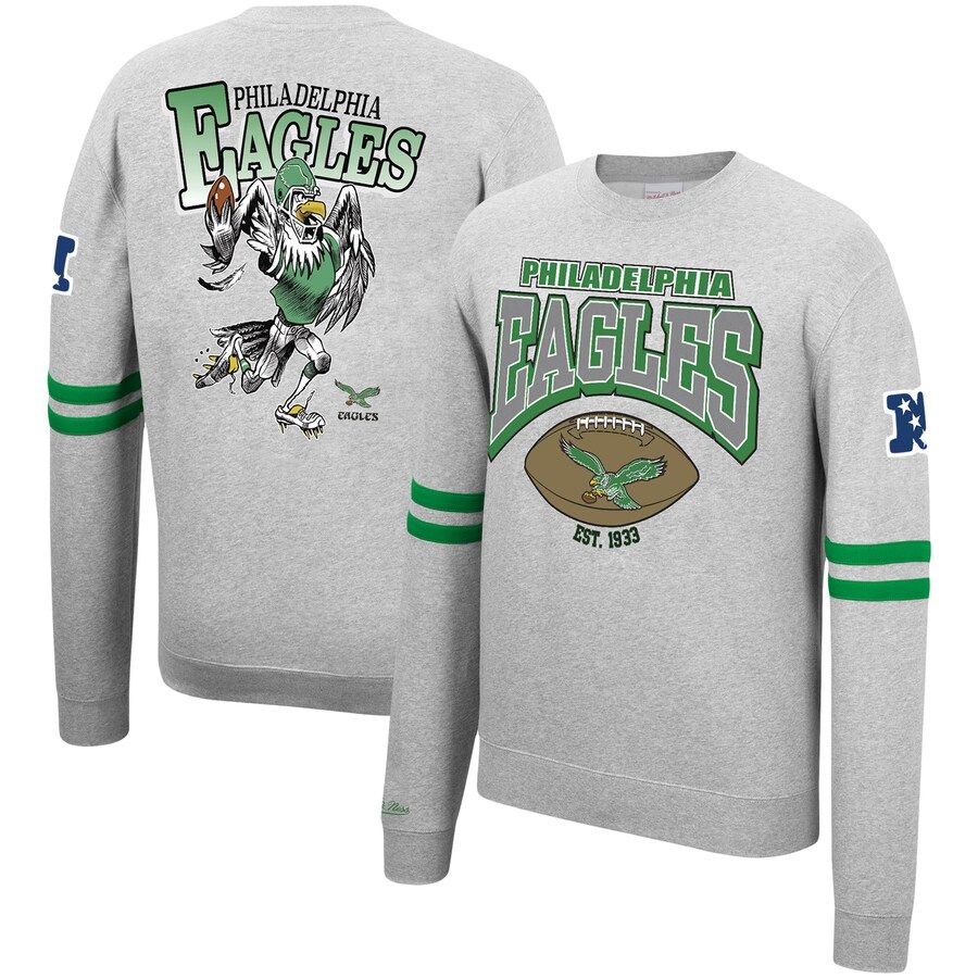 Men's Philadelphia Eagles Mitchell & Ness Heathered Gray Allover Print Fleece Pullover Sweatshirt | NFL Shop