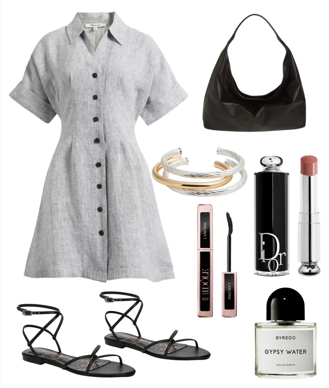 Summer dress
Dress
Black bag 
Sandals
Vacation