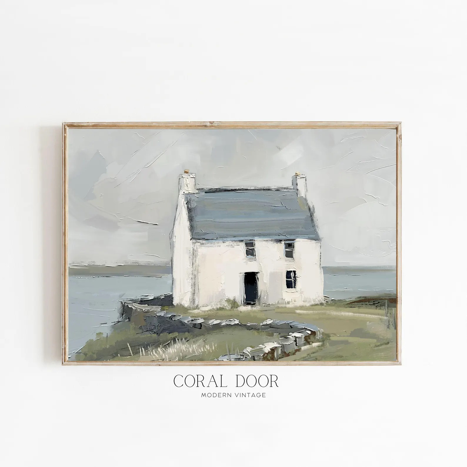 Modern Irish Landscape Wall Art, Coastal Cliffside Painting, Minimalist Whitewashed Farmhouse Dec... | Etsy (Global)