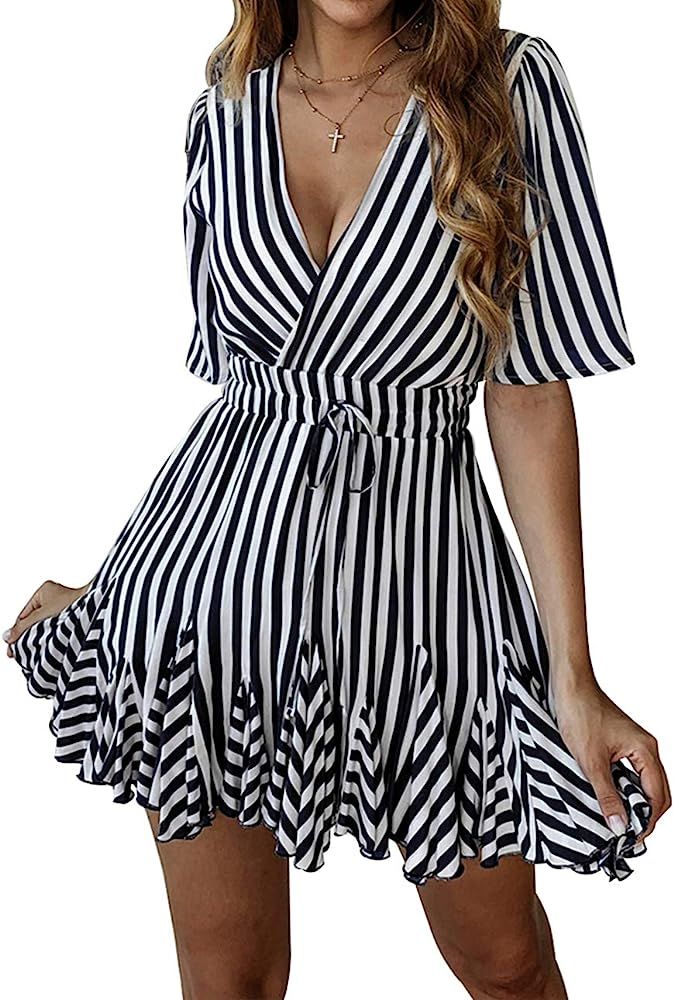 PRETTYGARDEN Women's Sexy Deep V Neck Short Sleeve Striped Wrap Ruffle Hem Pleated Mini Dress wit... | Amazon (US)