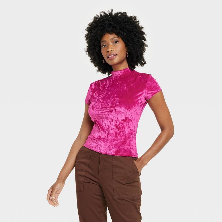 Women's Short Sleeve Slim Fit Mock Turtleneck Velvet T-Shirt - A New Day™ | Target
