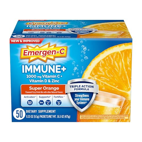 Emergen-C Immune+ Triple Action Immune Support Powder, BetaVia (R), 1000mg Vitamin C, B Vitamins, Vitamin D and Antioxidants, Super Orange, Back to School Essentials – 50 Count | Amazon (US)