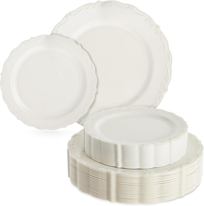 Sparkle and Bash 60 Cream Plastic Party Plates - Includes 30 9.8-Inch Dinner & 30 7.5-Inch Desser... | Amazon (US)