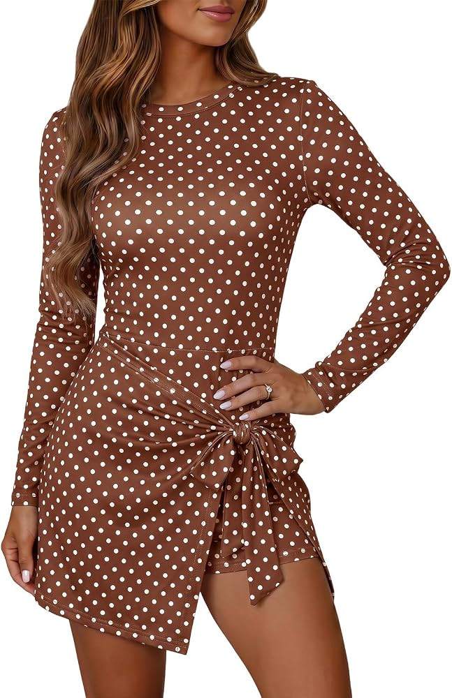 Wenrine Womens Long Sleeve Fall Dress Wrap Tie Waist Built in Shorts | Amazon (US)