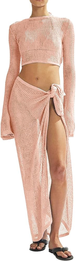 Women's Swimsuits Cover Ups Set for Crochet Bathing Suit Hollow Out 2 Piece Bikini Coverup Beach ... | Amazon (US)