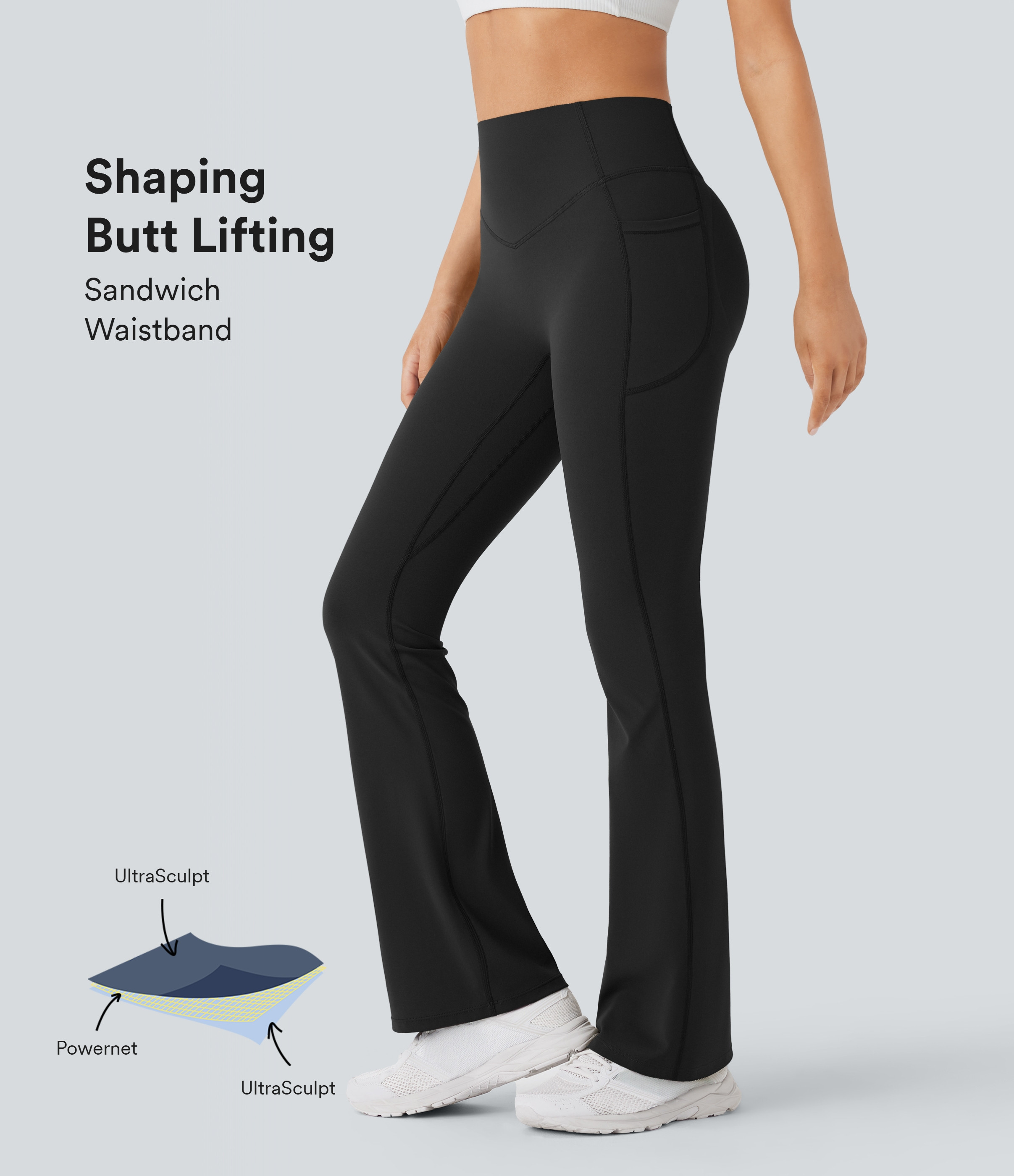 Halara Halara UltraSculpt™ SoCinched High Waisted Scrunch Butt Lifting Tummy Control Pocket Shaping Yoga Bootcut Leggings - Black - XS(extall) | HALARA