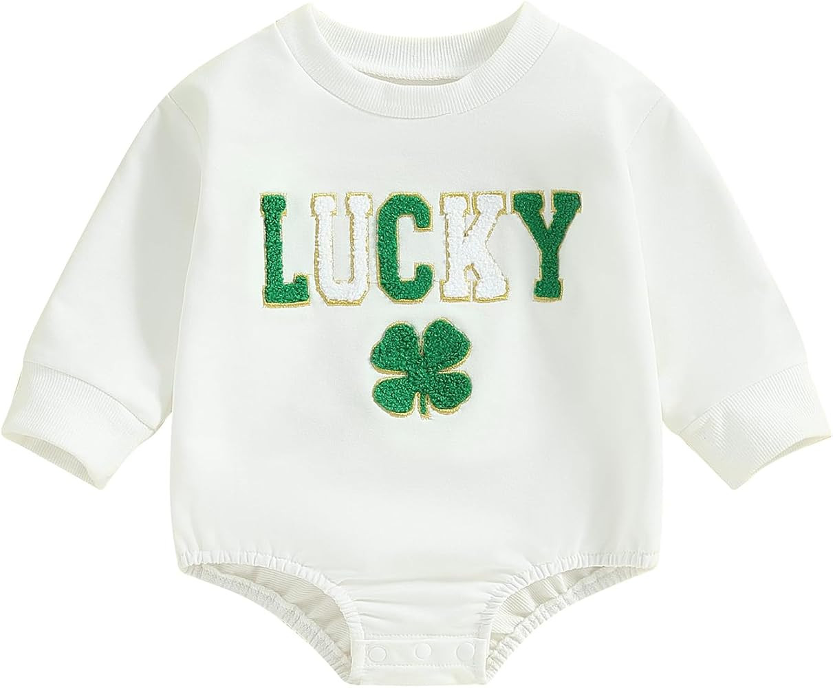 Newborn Baby St. Patrick's Day Bubble Romper Clover Embroidery Long Sleeve Oversized Bodysuit Jum... | Amazon (US)