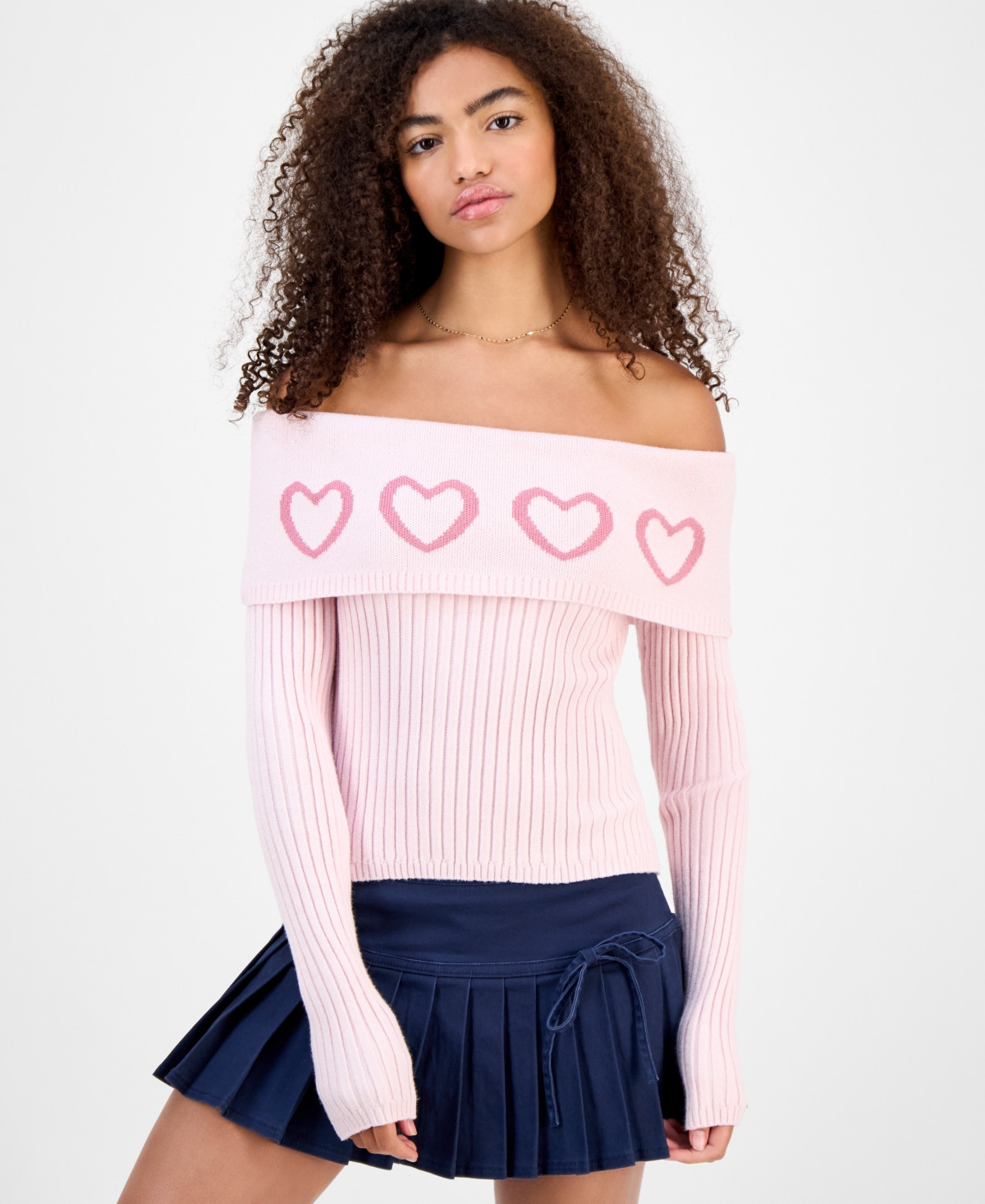 Madden Girl Juniors' Jacquard-Heart Off-The-Shoulder Sweater - Ballet Slipper | Macy's