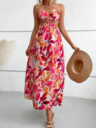 SHEIN VCAY Plants Print Cut Out Split Thigh Halter Dress | SHEIN