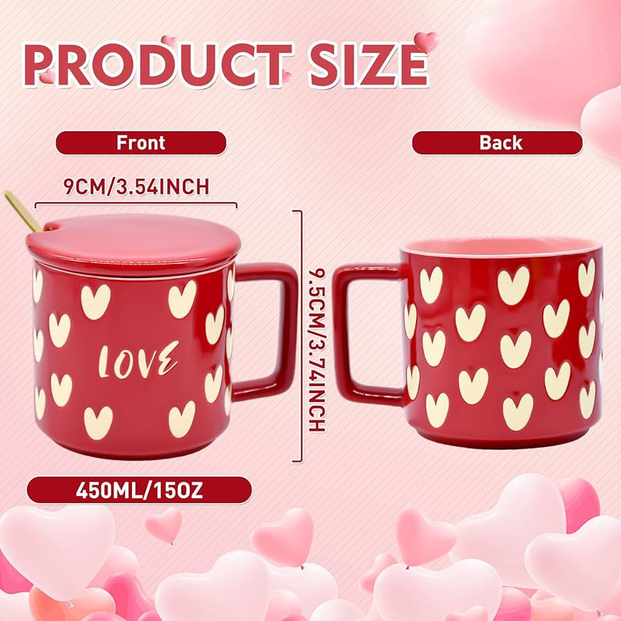 15 oz Valentine's Day Love Heart Mug with Lid and Spoon, Large Romantic Ceramic Coffee Cup, 450ml... | Amazon (US)