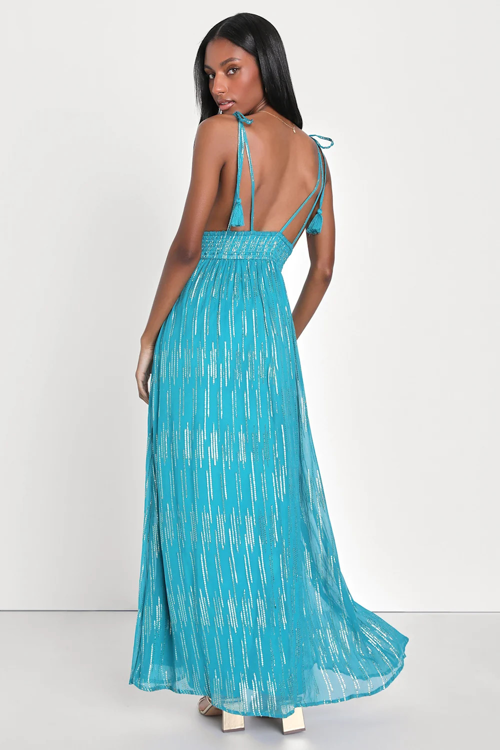 Sunshine Dreaming Teal Blue Lurex Striped Tie-Strap Maxi Dress | Lulus (US)