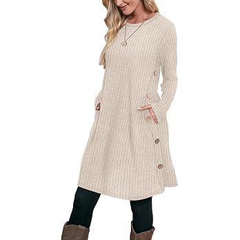 OFEEFAN Fall and Winter Tunic Dress with Pockets Long Sleeve Crew Neck Buttons Side | Amazon (US)