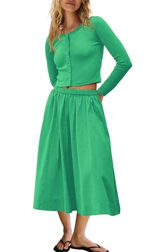Panadila Womens 2 Piece Lounge Sets Matching Vacation Outfits Ribbed Button Down Cardigan and Elastic Waist Skirt Sets (Pea Green,M) | Amazon (US)