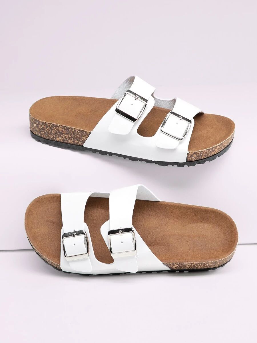 Vegan Leather Double Buckle flat Sandals | SHEIN