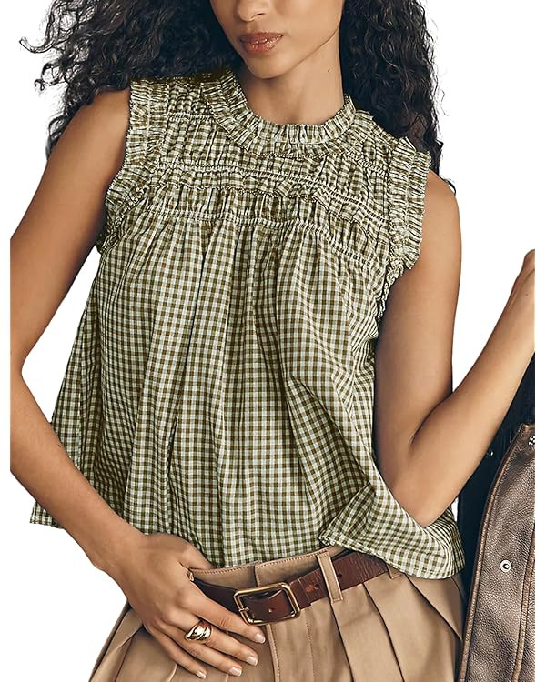 Casual Tops for Women Plaid Babydoll T Shirts Sleeveless Peplum Top Cotton Blouse Summer Shirts T... | Amazon (US)