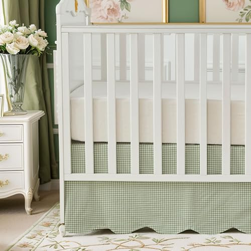 Brandream Scallop Edge Cotton Crib Skirt, Baby Boy, Baby Girl, Gender Neutral Crib Skirt Toddler Bedskirt Farmhouse Chic Nursery Crib Bed Skirt, Boho Bohemian Solid Green Gingham | Amazon (US)