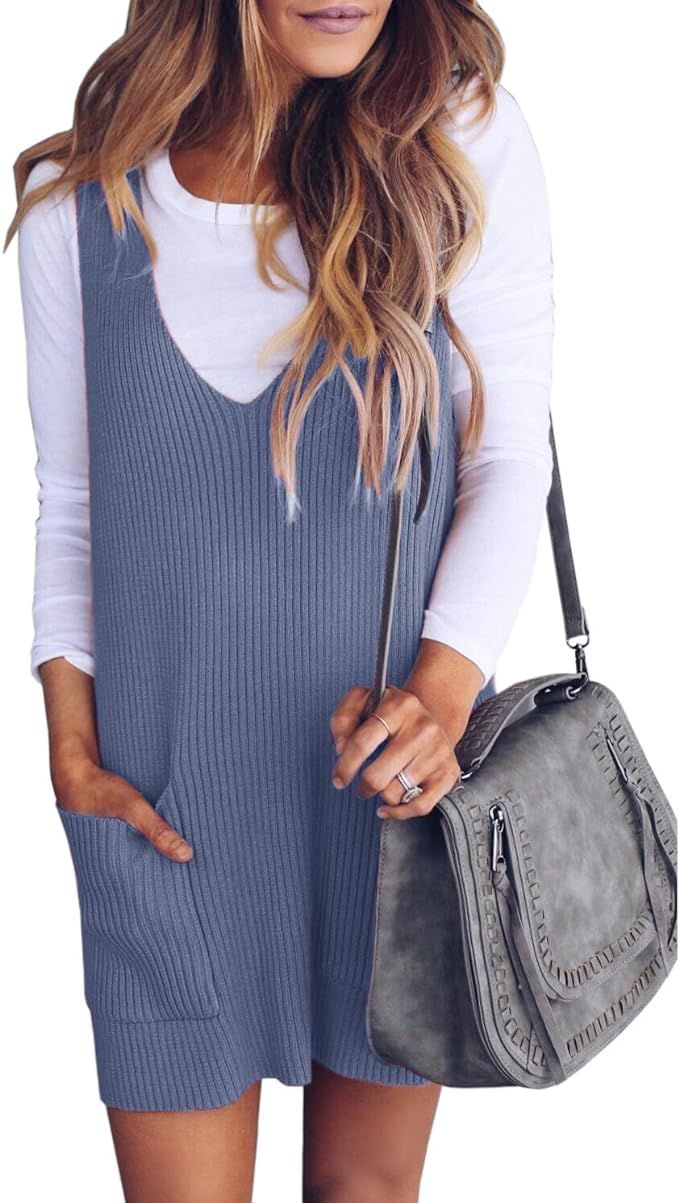 Saodimallsu Womens Racerback Tank Sweater Dresses Fall Ribbed Knit Loose V Neck Dress Pockets | Amazon (US)