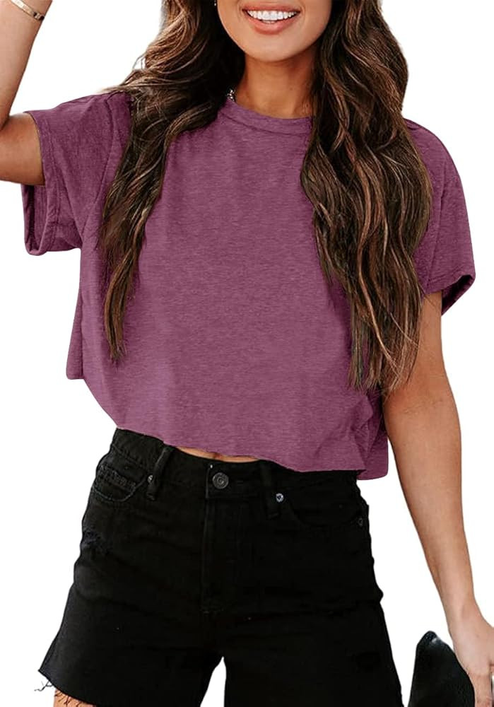 Tankaneo Women Short Sleeve Cropped T-Shirts Crew Neck Loose Crop Tops Summer Casual Drop Shoulde... | Amazon (US)