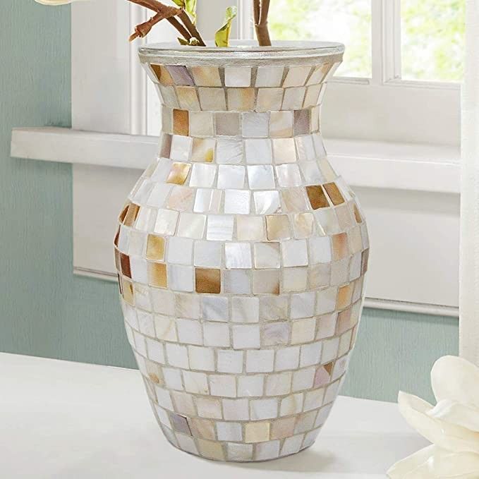 SHMILMH White Glass Vases for Entryway, Handmade Natural Shell Vase, Rustic Mosaic Vases fo... | Amazon (US)