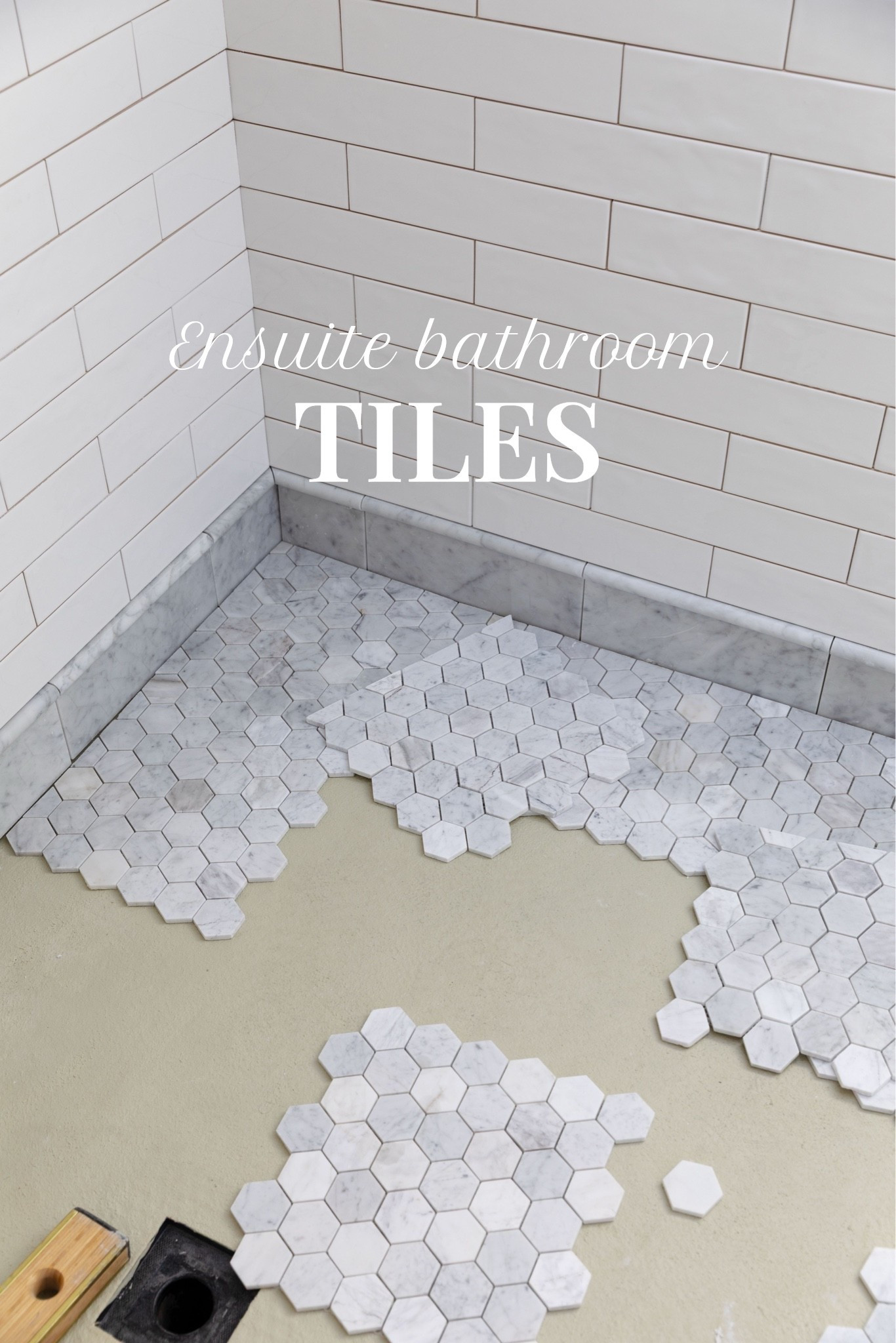 The Hill House ensuite bathroom is in progress! 

Some details…
-Base is a combination of pencil tile and cut marble 12x12 tile 
-Luxecraft subway tile is in 3x8, white
-Marble hex in Mist

Dimensions and details are on the Grit and Polish

#LTKHome