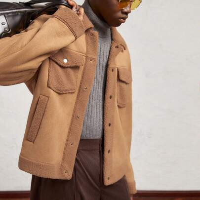 Men's Knitted Form-Fitting Stand Collar Cardigan Jacket With Thermal Lined, Short Style, Camel Color, Suitable For Autumn/Winter, Daily Work Outfit, P | SHEIN