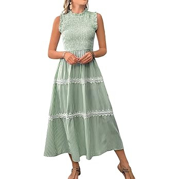 ShawGobow Casual Striped Midi Dress,Sleeveless Smocked Flowy Tiered Dress,Womens Sundress Easter ... | Amazon (US)