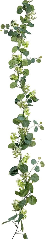 Artificial Garland, 5.9Ft Faux Greenery Garland Eucalyptus Leaves with White Flowers Berries Fake... | Amazon (US)