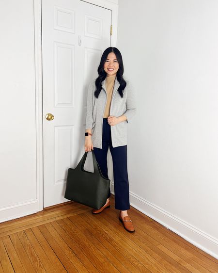 Gray sweater blazer
Beige top (XS)
Navy pants (4P)
Olive green tote bag
Cuyana System tote
Brown loafers (TTS)
Business casual outfit
Smart casual outfit
Work outfit
Ann Taylor outfit

#LTKworkwear #LTKfindsunder100 #LTKstyletip