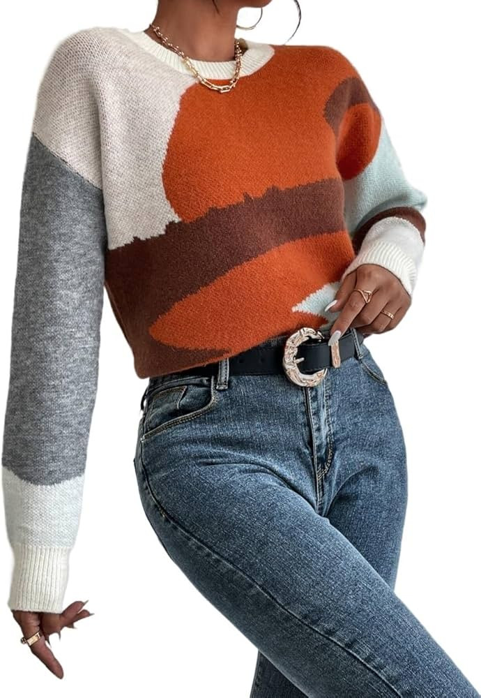 JIpoon Sweaters for Women Colorblock Drop Shoulder Sweater (Color : Multicolor, Size : Medium) | Amazon (US)