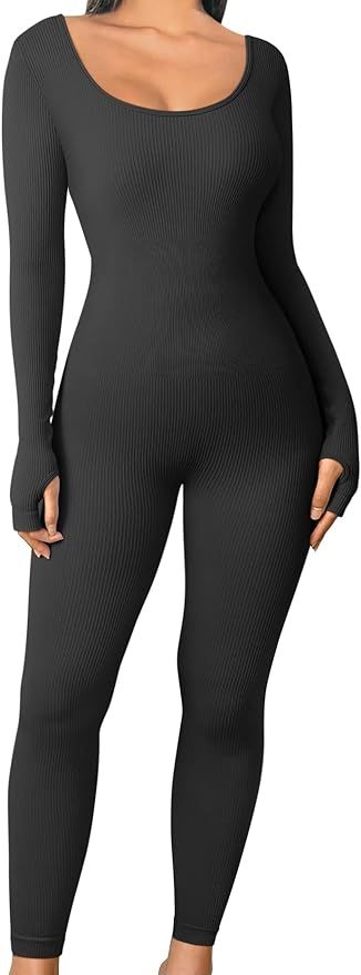 OQQ Women's Yoga Jumpsuits One Piece Ribbed Workout Rompers Long Sleeve Exercise Jumpsuits | Amazon (US)