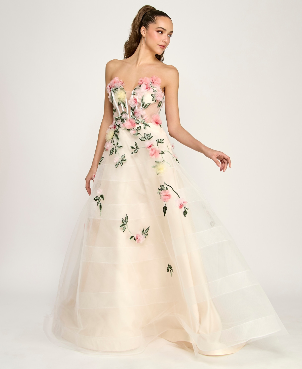 Say Yes Juniors' Strapless Illusion Ball Gown - Offwhite/Pink multi | Macy's