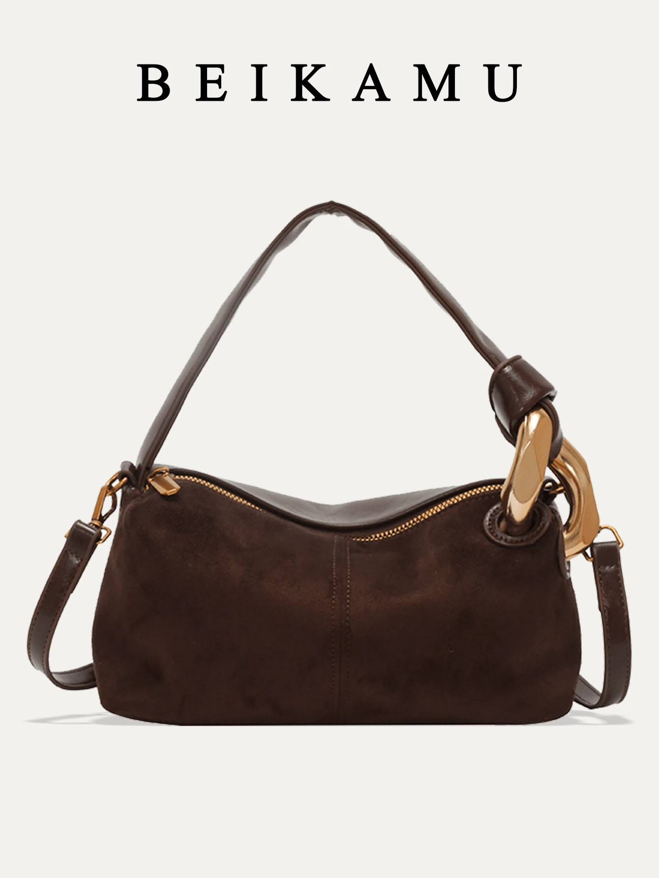 1pc BEIKAMU Coffee-Color Vintage Zipper Closure Women's Handbag, Detachable & Adjustable Shoulder... | SHEIN