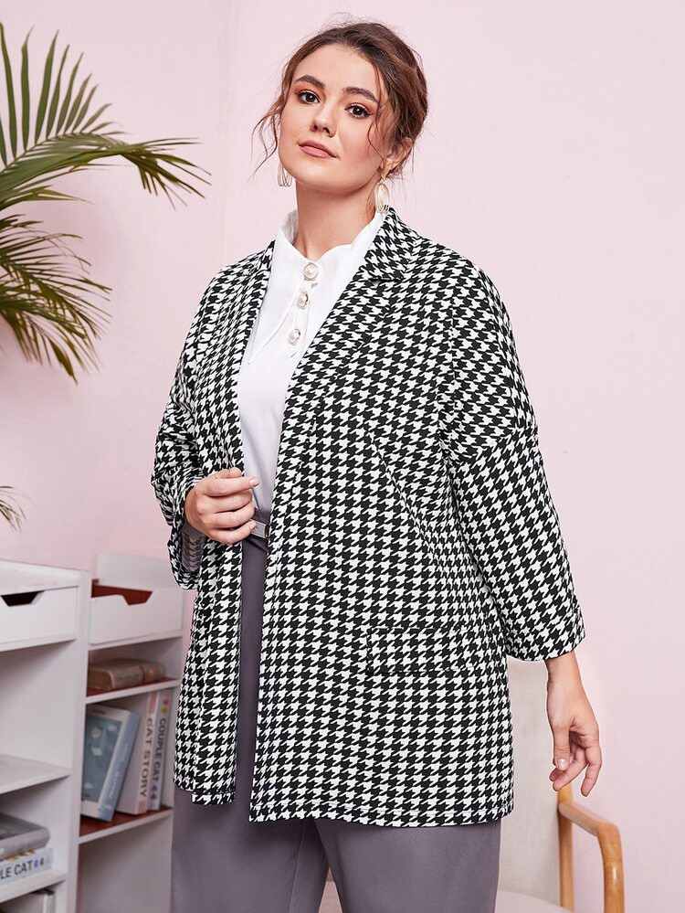 SHEIN Plus Houndstooth Drop Shoulder Blazer | SHEIN