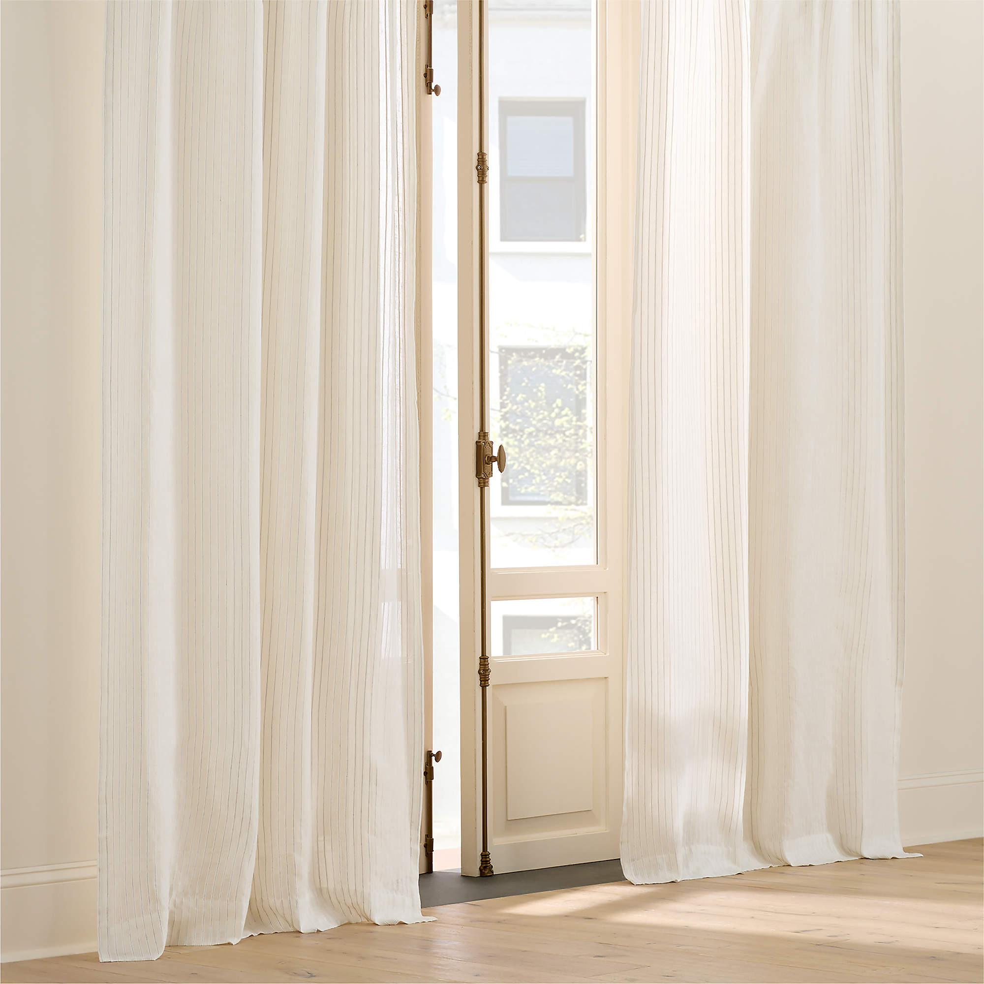 Lea Warm White Striped Linen Sheer Window Curtain Panel 48"x108" | CB2 | CB2