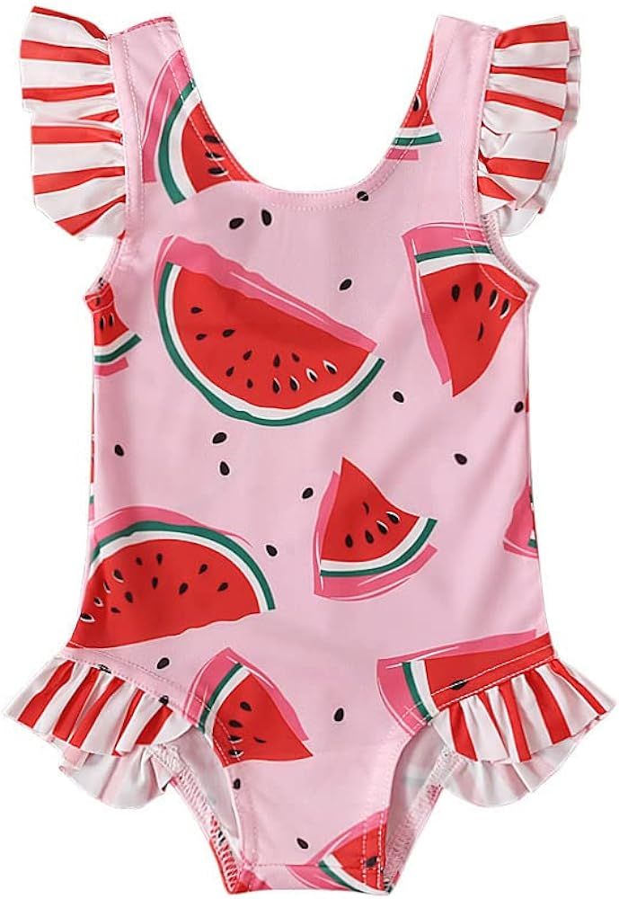 Meufam Toddler Baby Girls Ruffles One Piece Swimsuit Summer Watermelon Pattern Bikini Beach Bathi... | Amazon (US)